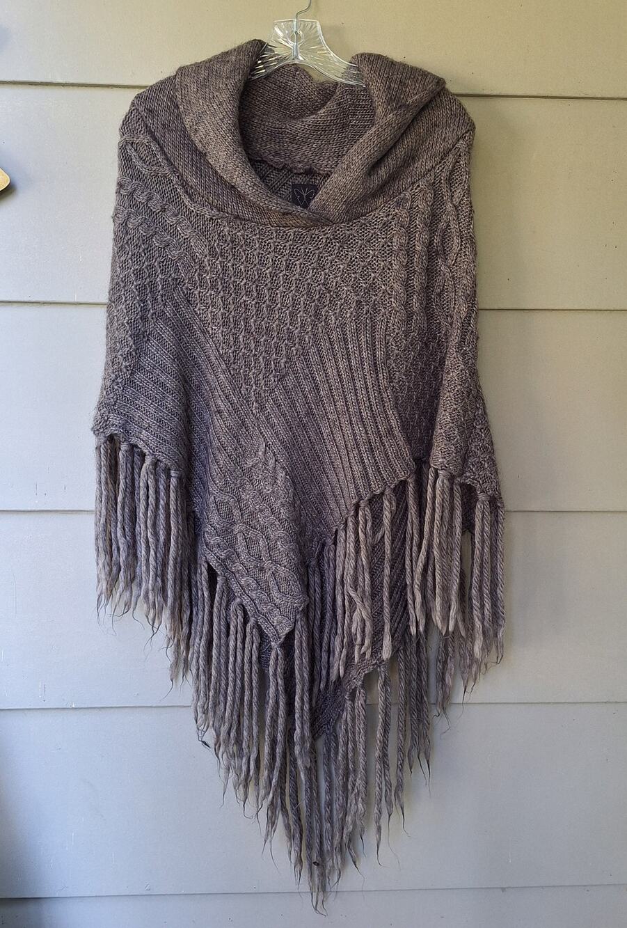 Ella Moss Alpaca Wool Blend Fringe Cowlneck Poncho Sweater Boho XS-S Brown Gray
